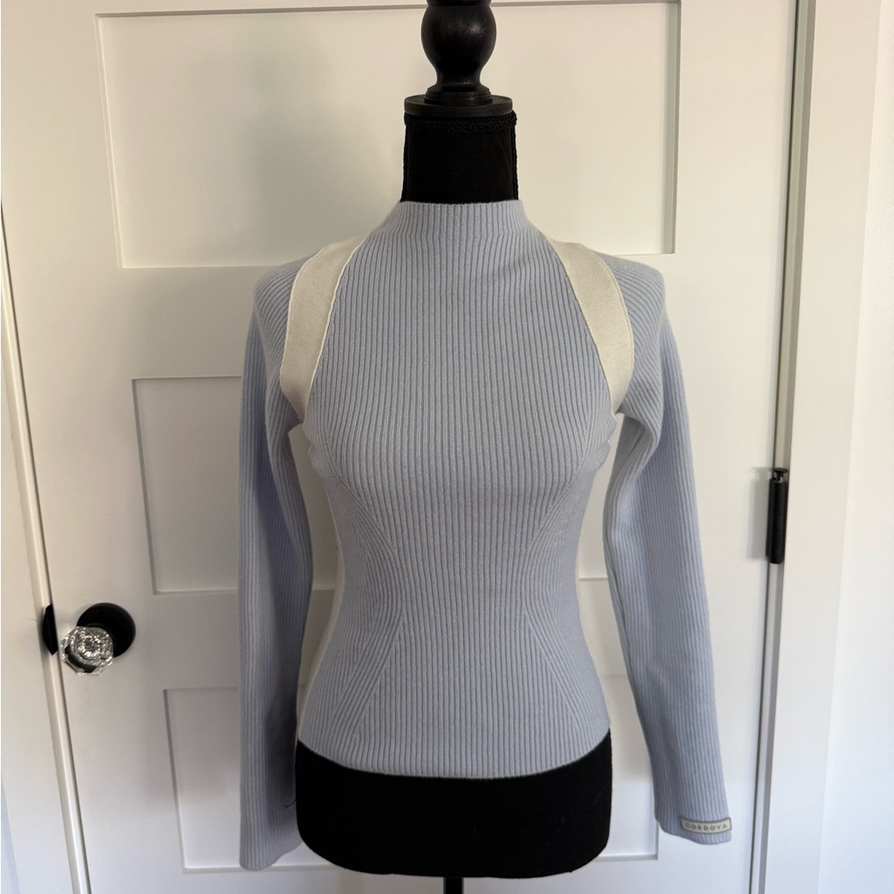 Cordova Ribbed Merino Wool Sweater in Light Blue and Cream